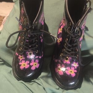 Dr. Martens Black Lace-Up Combat Boots with Pink and Yellow Floral Print